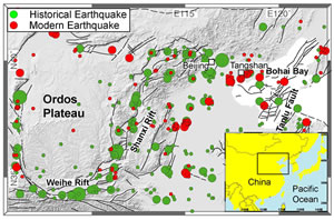 North China map showing earthquake sites
